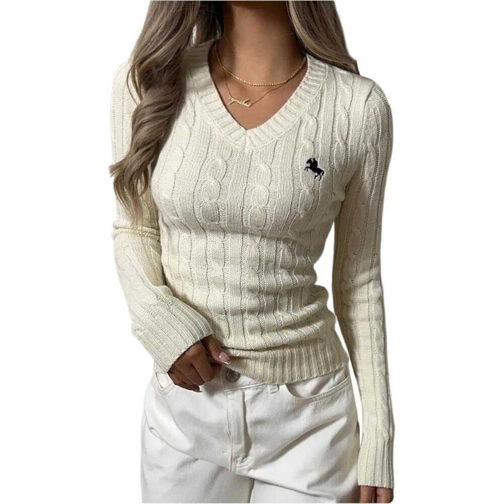 Women's Knitted V Neck Long Sleeve Sweater Casual Cable Knit Pullover